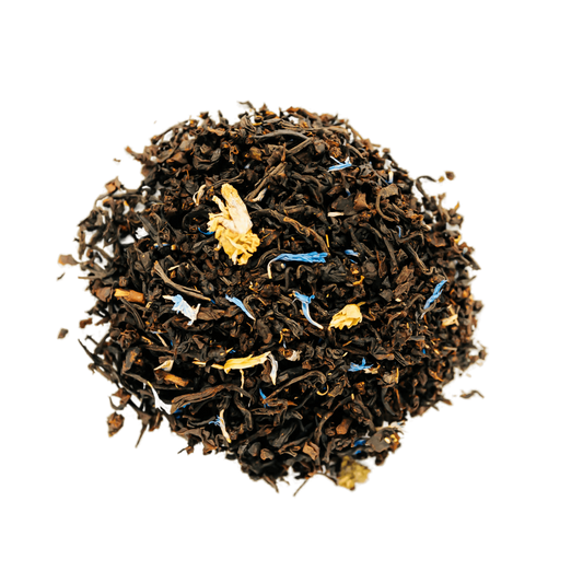 Blueberry Blossom Black Tea Loose Leaf Tea leaves sit on a white surface