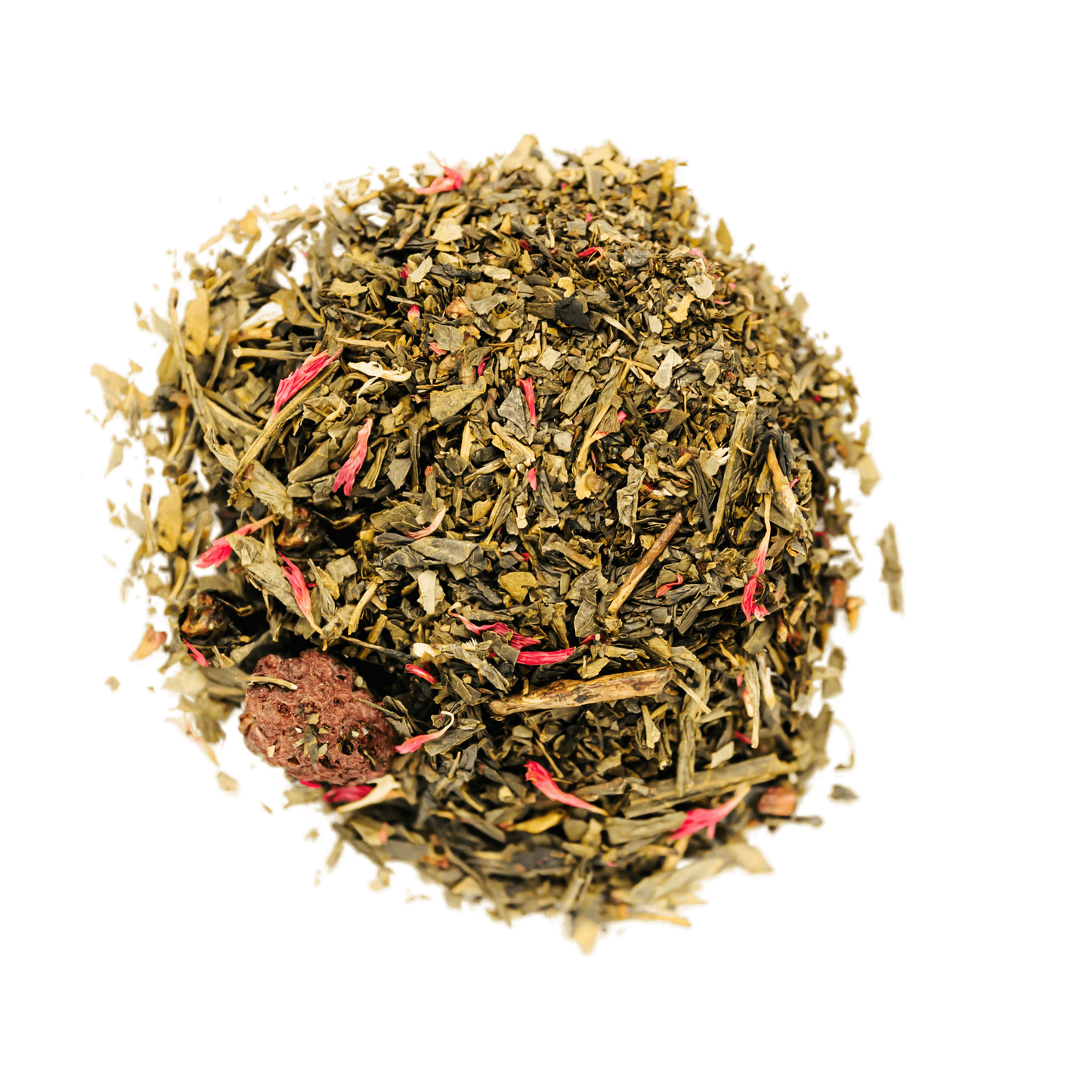 Bohemian Raspberry Green Tea Loose Leaf Tea leaves sit on a white surface