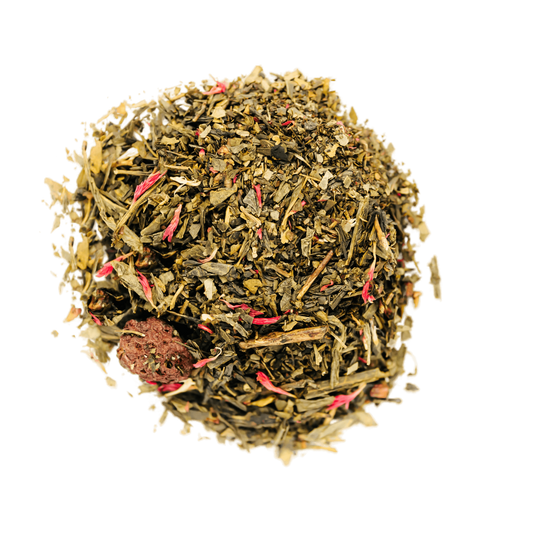 Bohemian Raspberry Green Tea Loose Leaf Tea leaves sit on a white surface