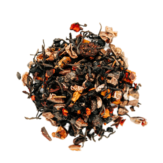 Chocolate Berries Black Tea Loose Leaf Tea leaves sit on a white surface