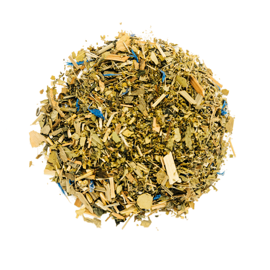 Dragon's Wellness Tea Blend Loose Leaf Tea leaves sit on a white surface