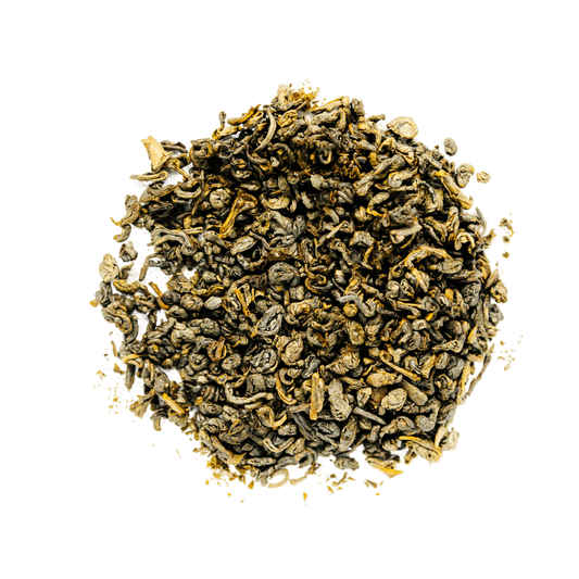 Gunpowder Green Tea Loose Leaf Tea leaves sit on a white surface