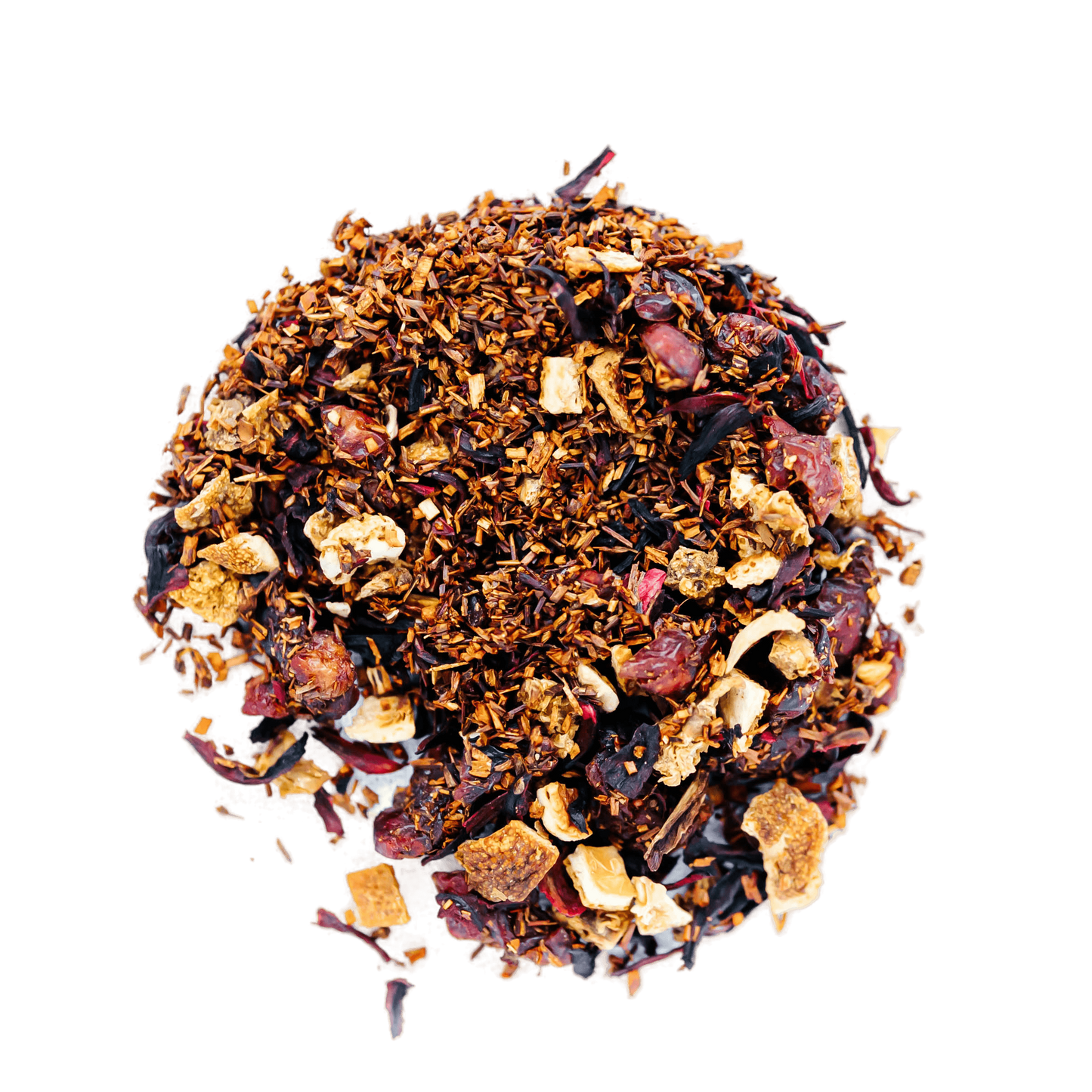 Orange Cranberry Delight Rooibos Tea Loose Leaf Tea leaves sit on a white surface