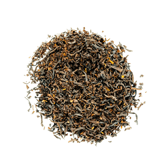 Queen City Tea Blend Loose Leaf Tea leaves sit on a white surface