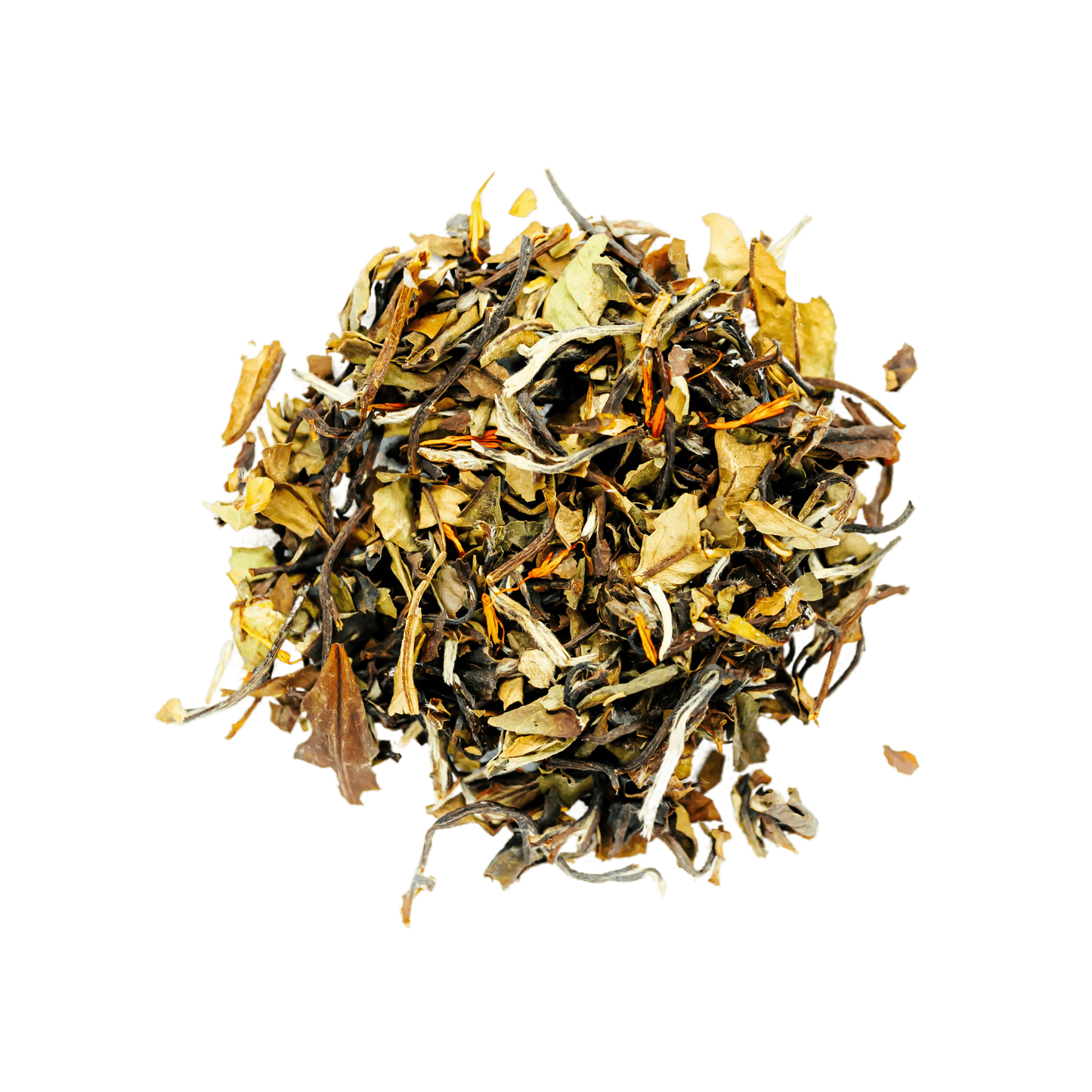 Raspberry Champagne White Tea Loose Leaf Tea leaves sit on a white surface