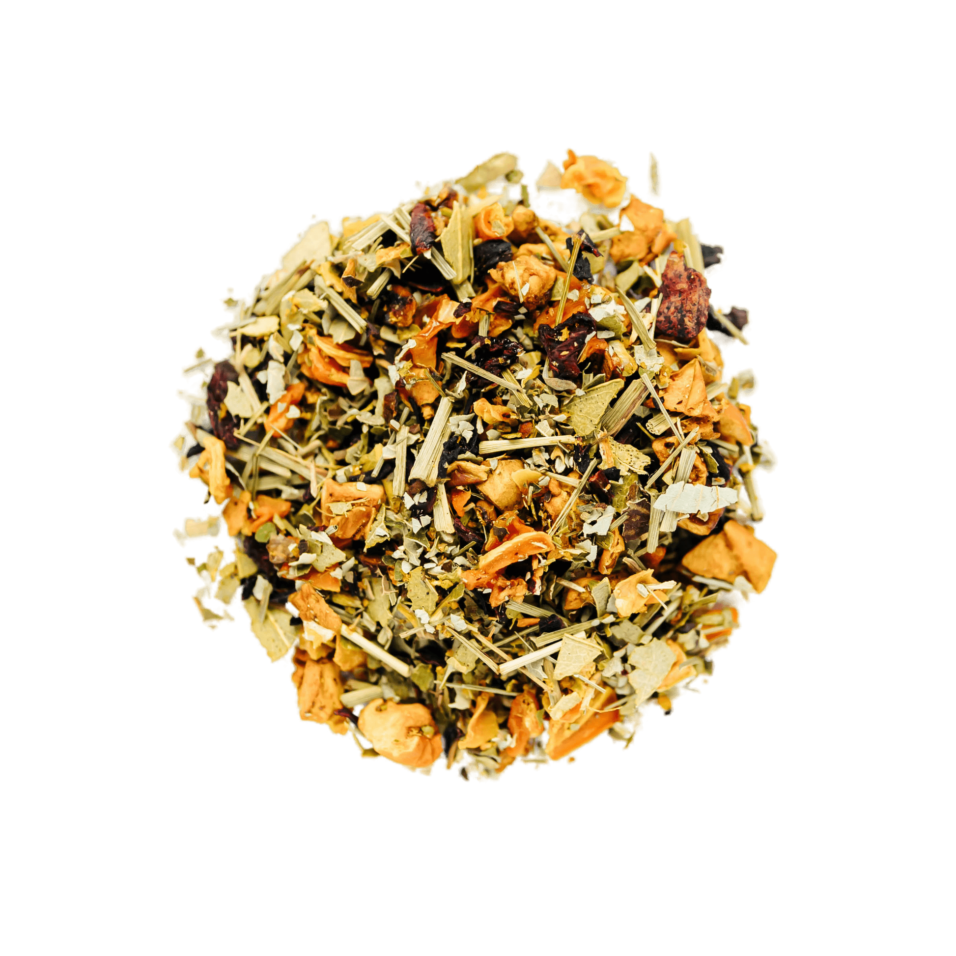 Sparkling Citrus Herbal Tea Loose Leaf Tea leaves sit on a white surface