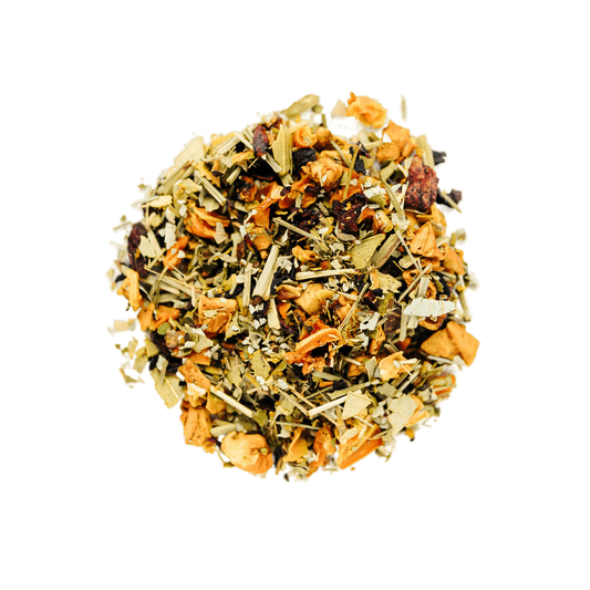 Sparkling Citrus Herbal Tea Loose Leaf Tea leaves sit on a white surface