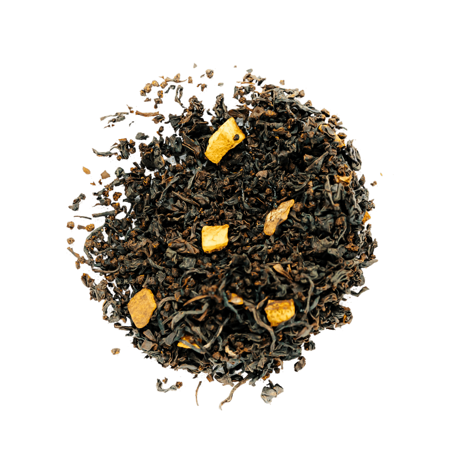 Spiced Orange Black Tea Loose Leaf Tea leaves sit on a white surface