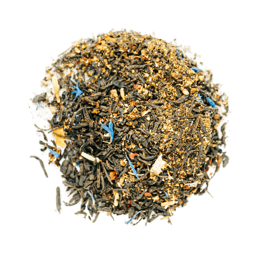 Spicy Earl Grey Black Tea Loose Leaf Tea leaves sit on a white surface