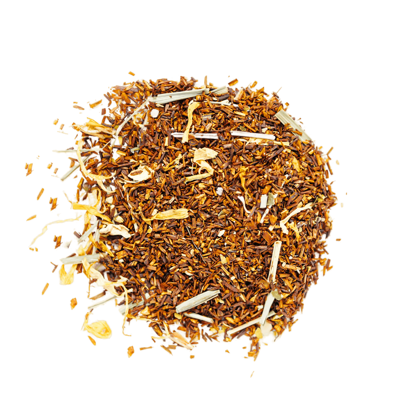 Thai Lemongrass Ginger Rooibos Tea Loose Leaf Tea leaves sit on a white surface