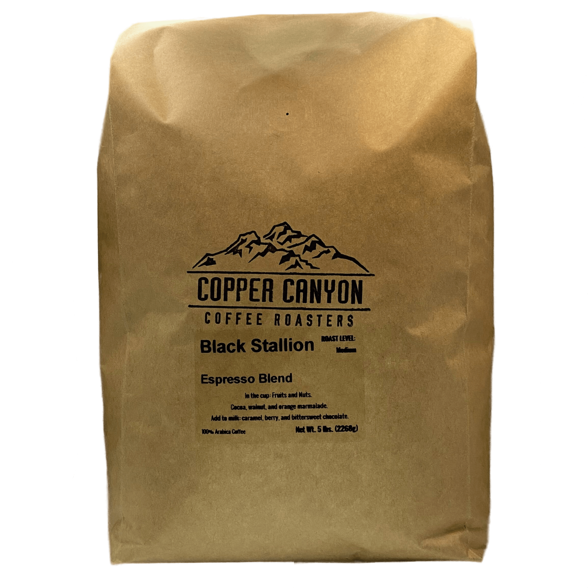 5 pound bag of Black Stallion espresso medium roast coffee by Copper Canyon