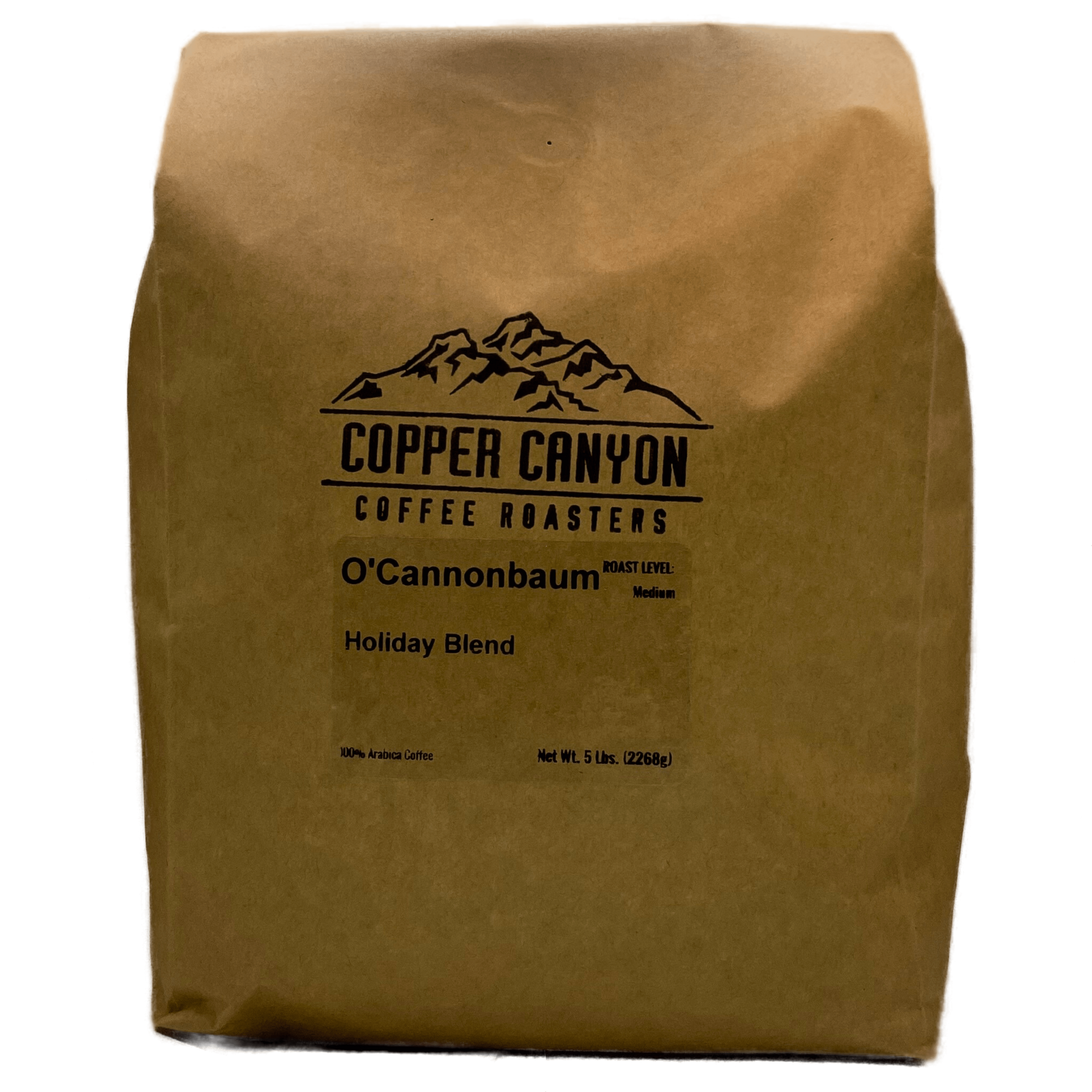 5 pound bag of O'Cannon Baum Holiday Blend dark roast coffee by Copper Canyon