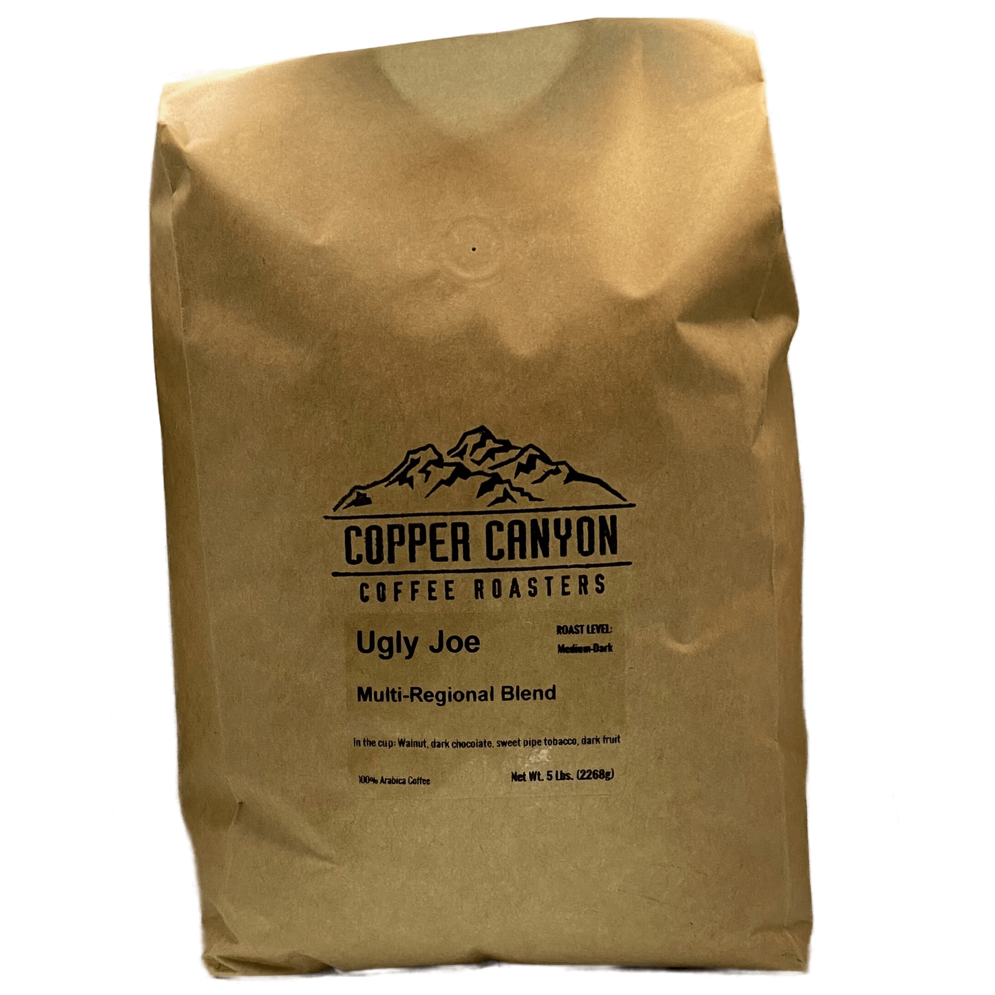 5 pound bag of Ugly Joe medium-dark roast coffee by Copper Canyon