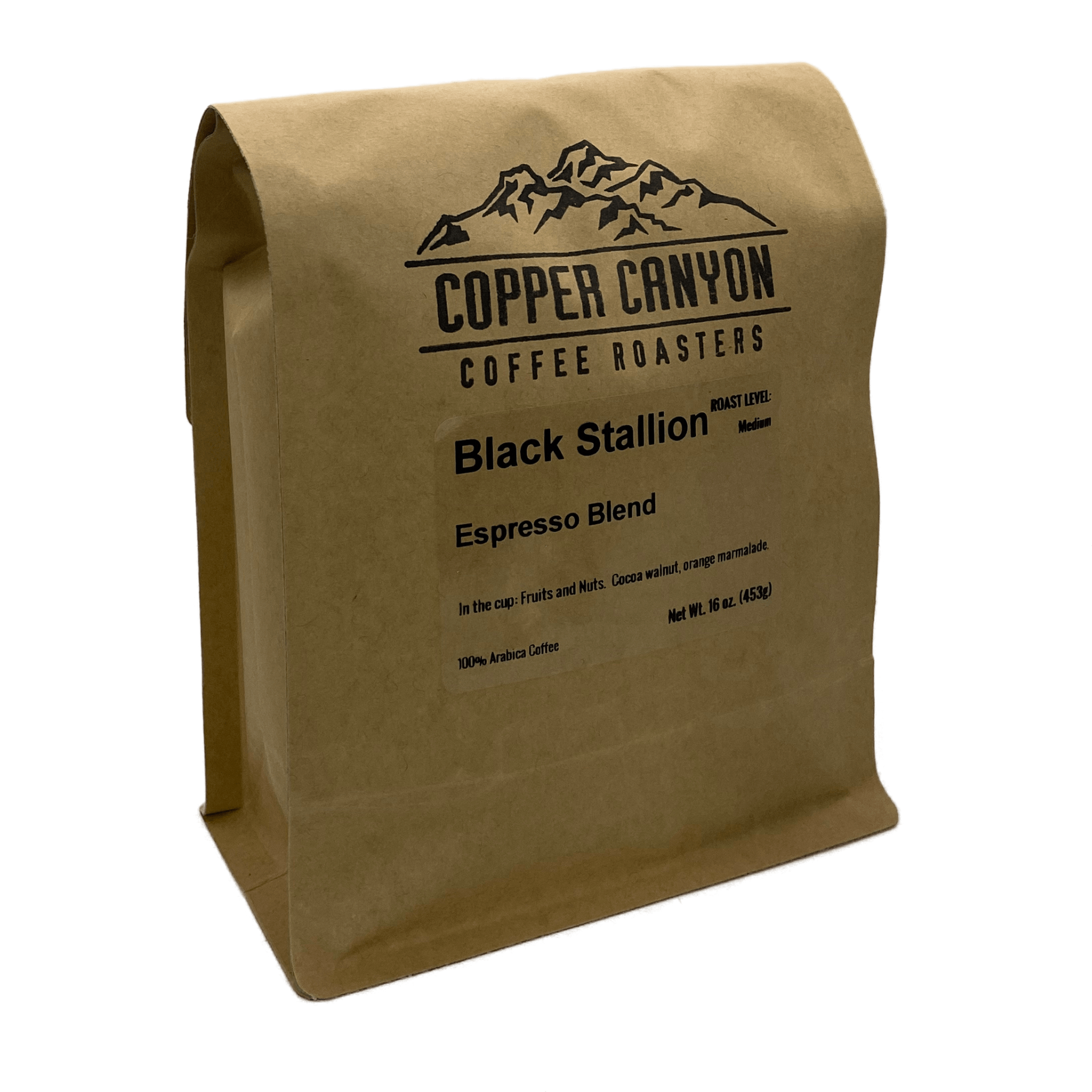 16 oz bag of Black Stallion Espresso Blend, medium roast coffee