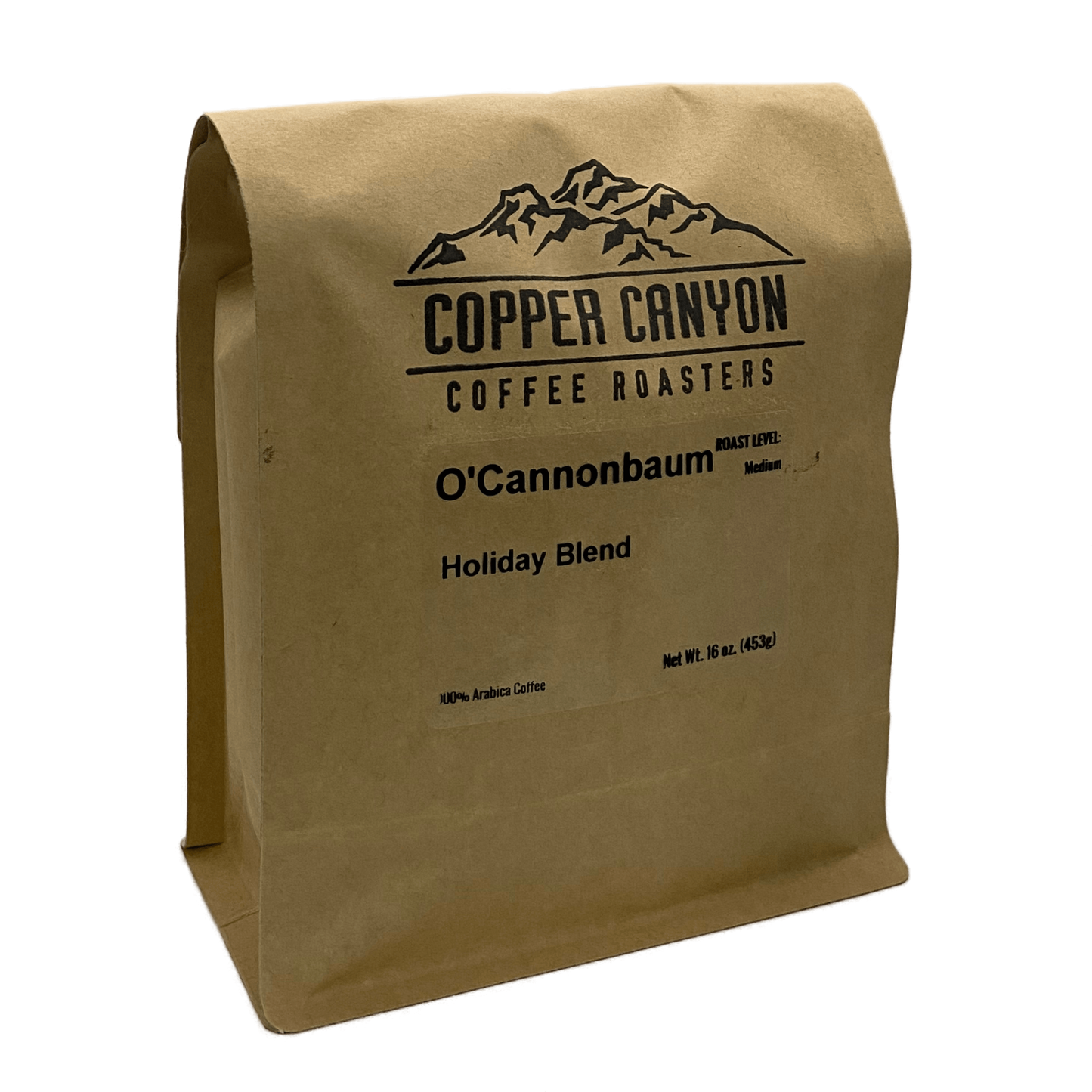 16 oz bag of O'CannonBaum Holiday Blend, dark roast coffee