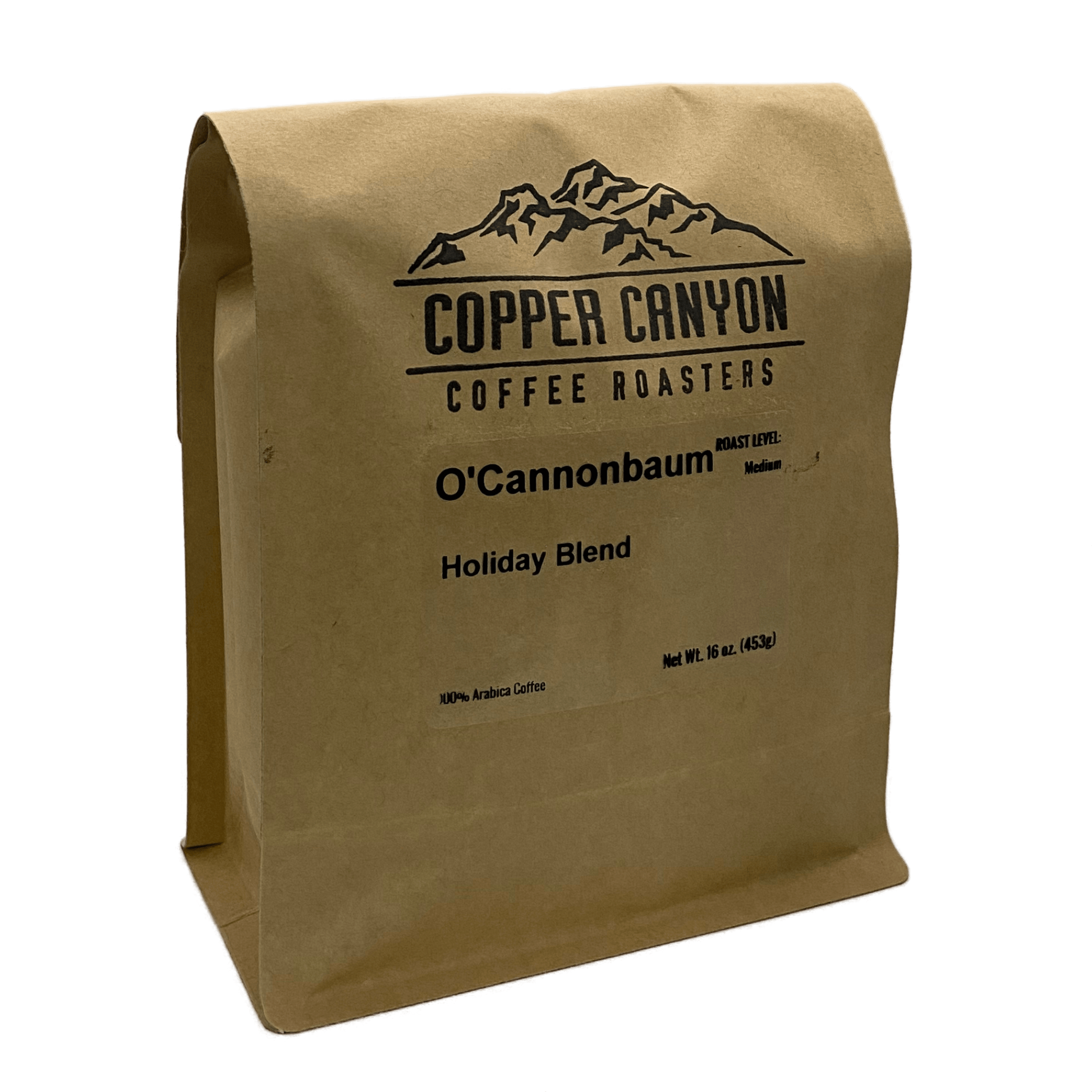 16 oz bag of O'CannonBaum Holiday Blend, dark roast coffee
