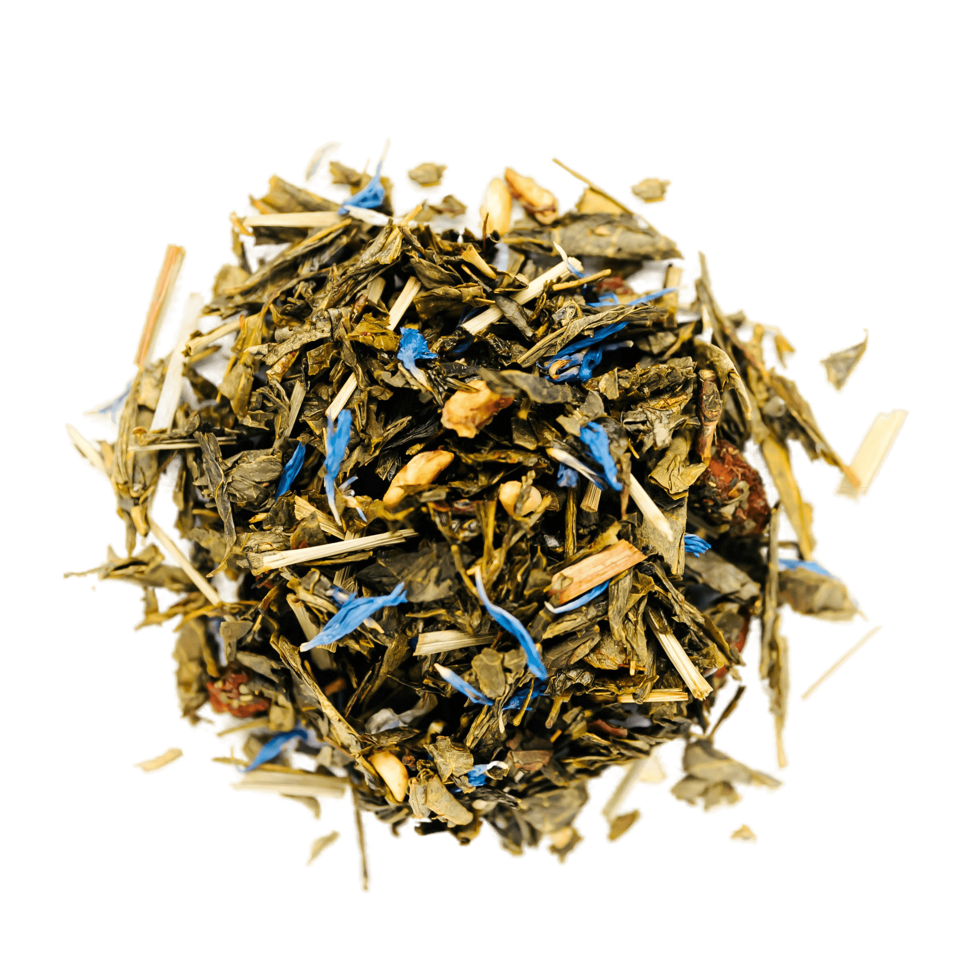 Beguiling Berries Green Tea Loose Leaf Tea leaves sit on a white surface