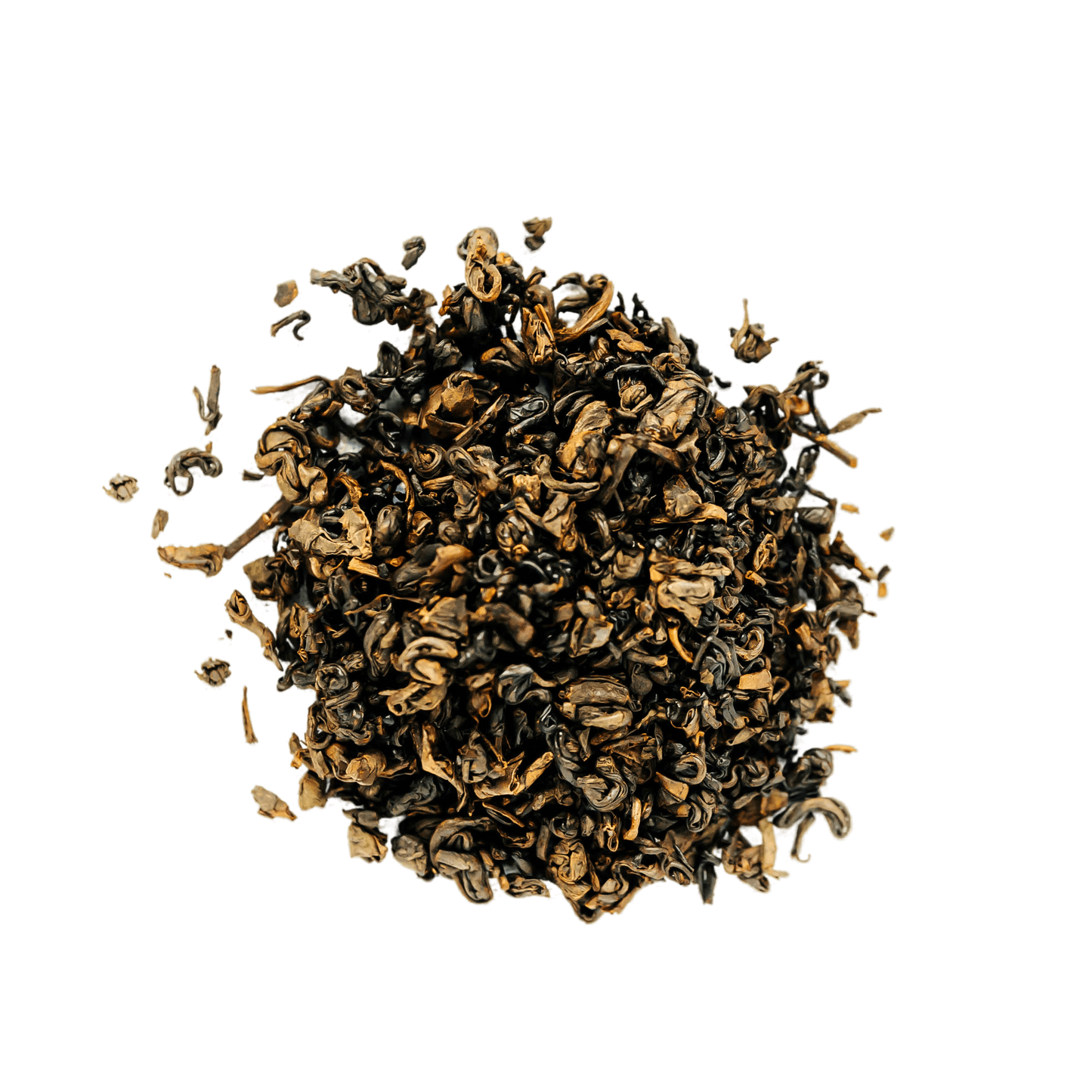 Black Pearl Gunpowder Black Tea Loose Leaf Tea leaves sit on a white surface