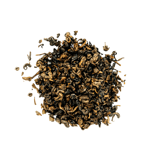 Black Pearl Gunpowder Black Tea Loose Leaf Tea leaves sit on a white surface