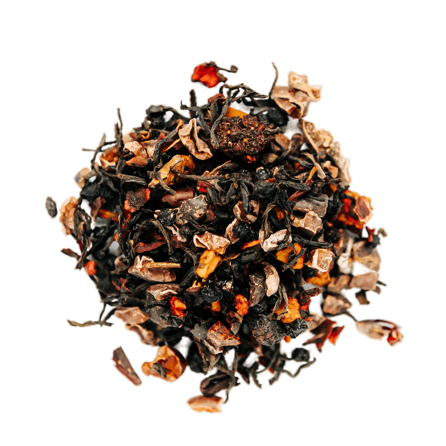 Chocolate Berries Black Tea Loose Leaf Tea leaves sit on a white surface