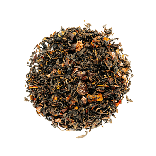 English Garden Party Black Tea Loose Leaf Tea leaves sit on a white surface