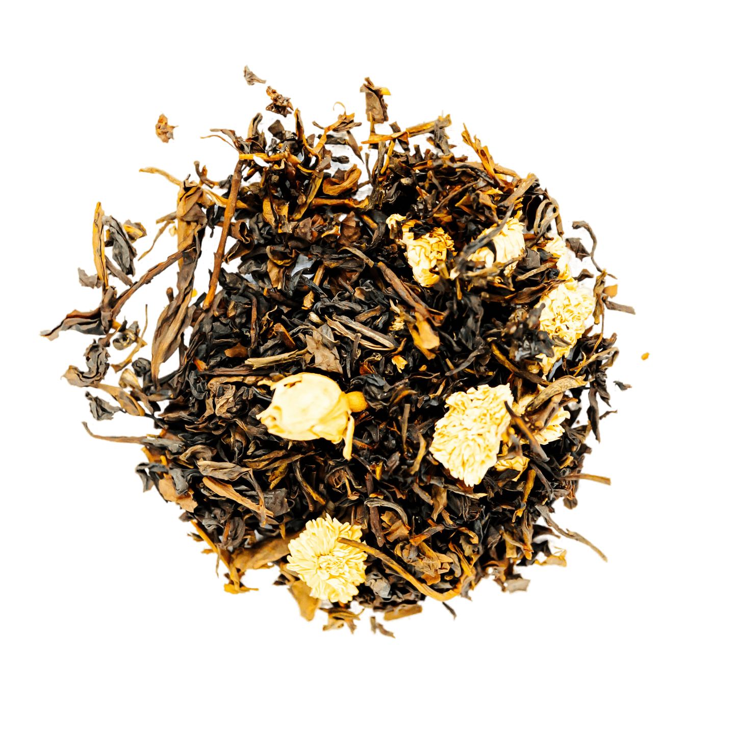 Mango Lotus Garden Oolong Tea Loose Leaf Tea leaves sit on a white surface