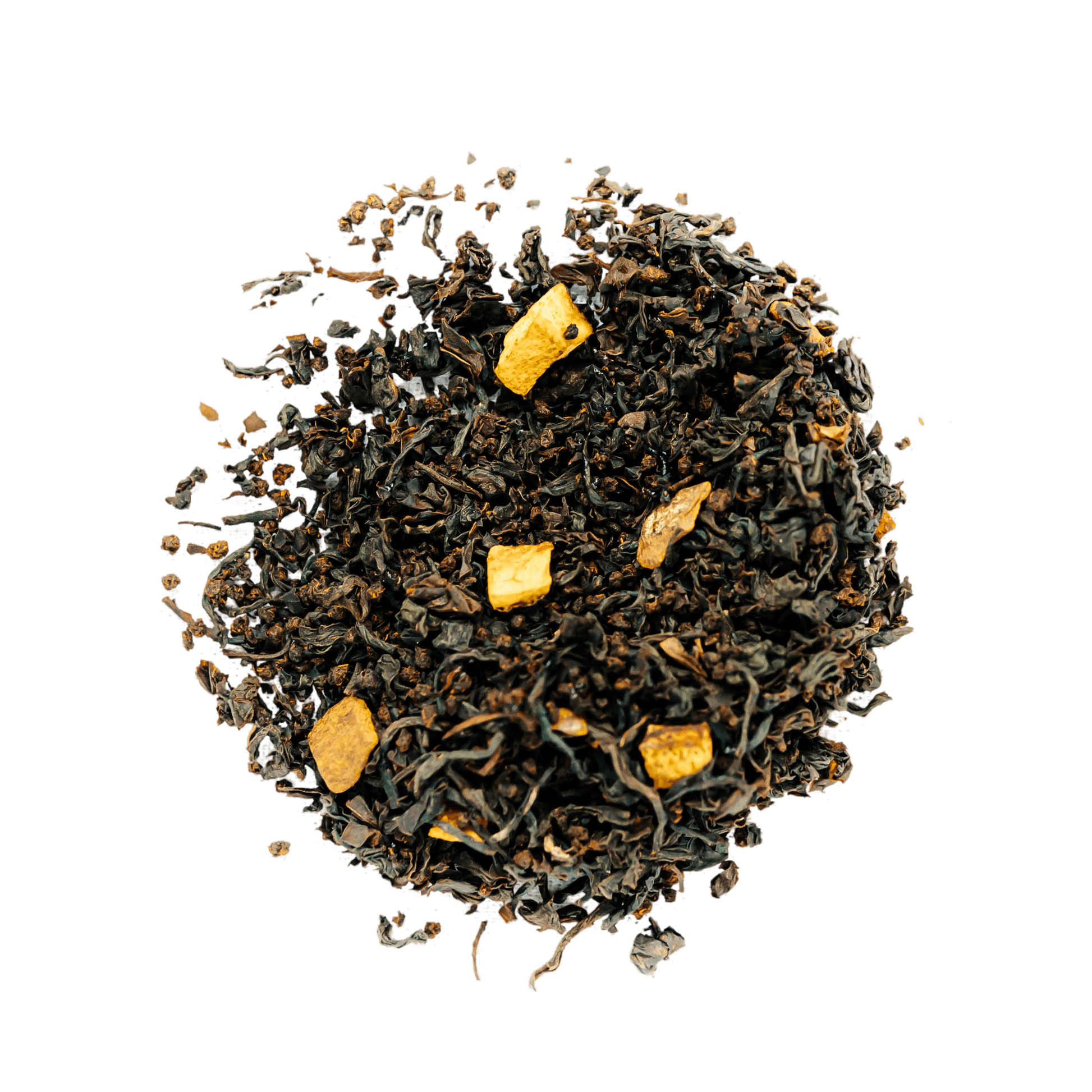 Spiced Orange Black Tea Loose Leaf Tea leaves sit on a white surface